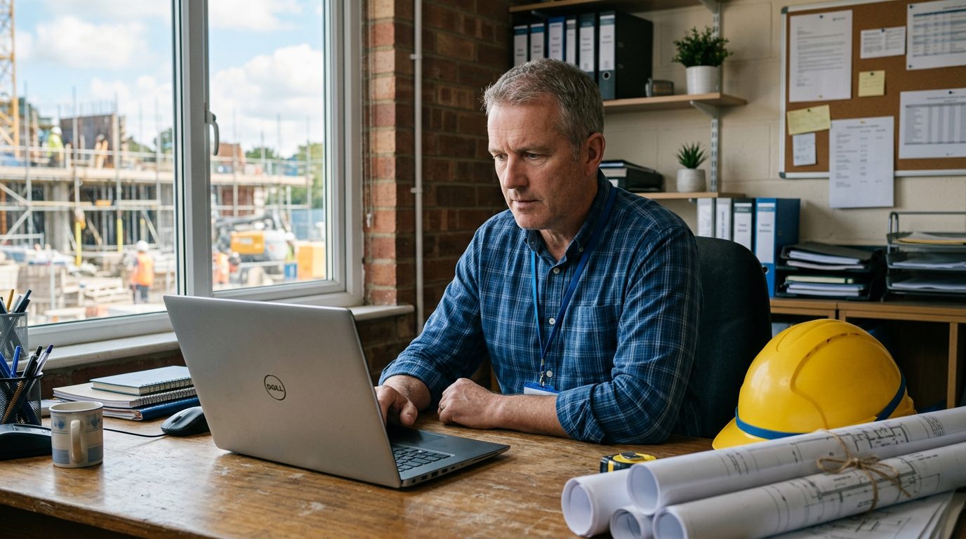 Construction business owner reviewing public tender alerts on a laptop in an office